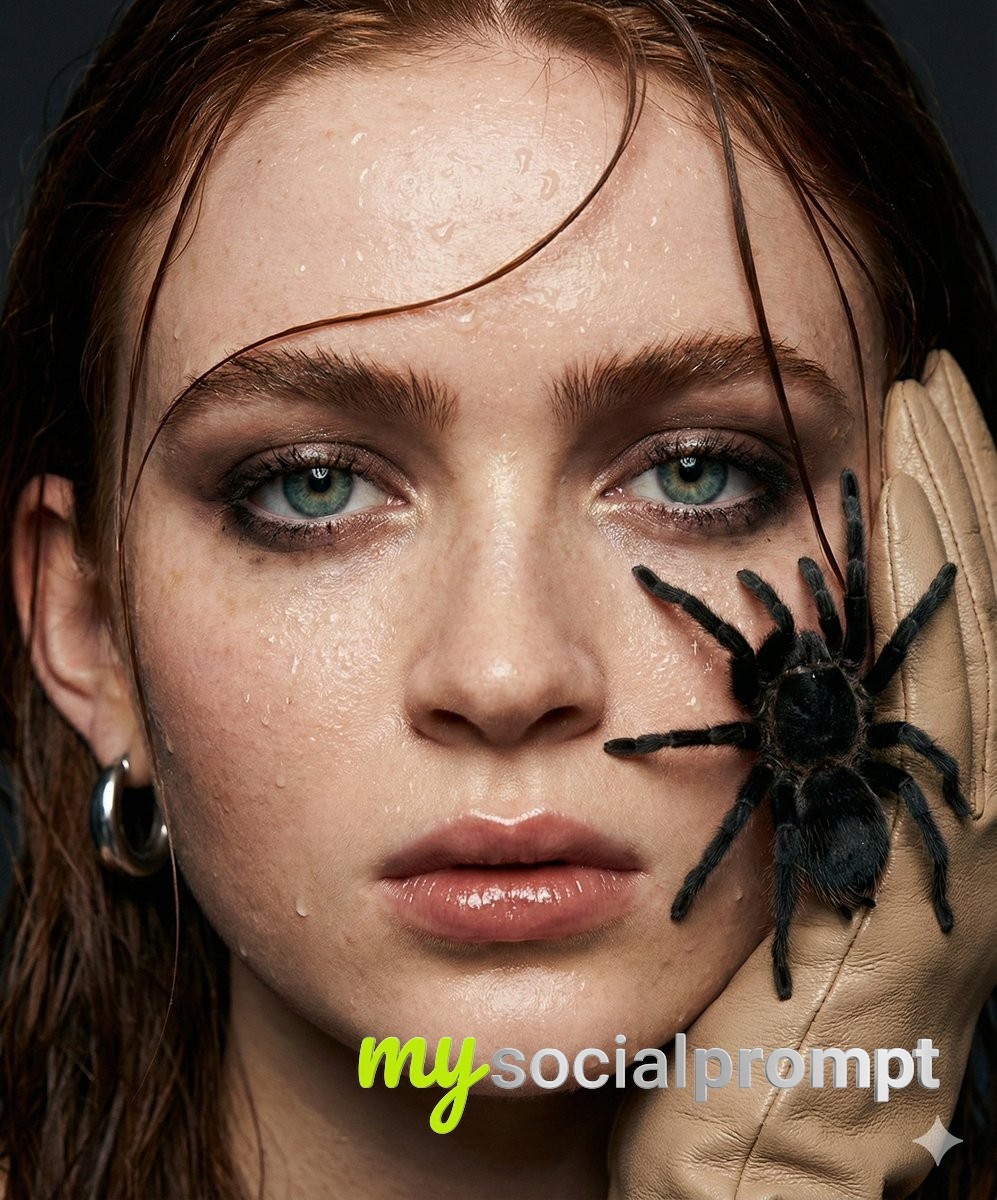 nanobanana prompt: Cinematic Fashion Portrait with Surreal Tarantula Element - AI Prompt Image 3