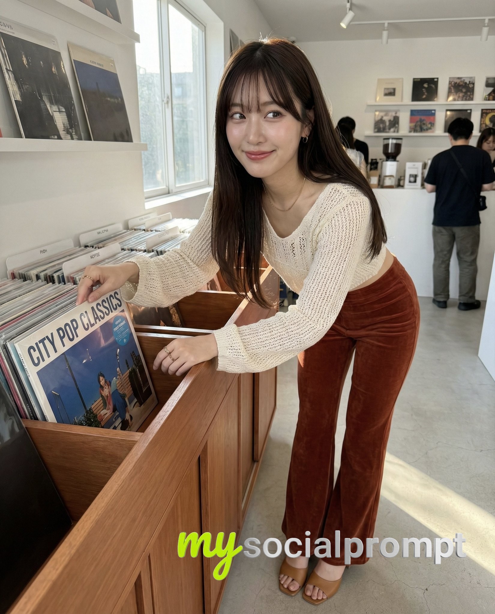 nanobanana prompt: K-Beauty Realism in Minimalist Vinyl Boutique with Soft Window Light