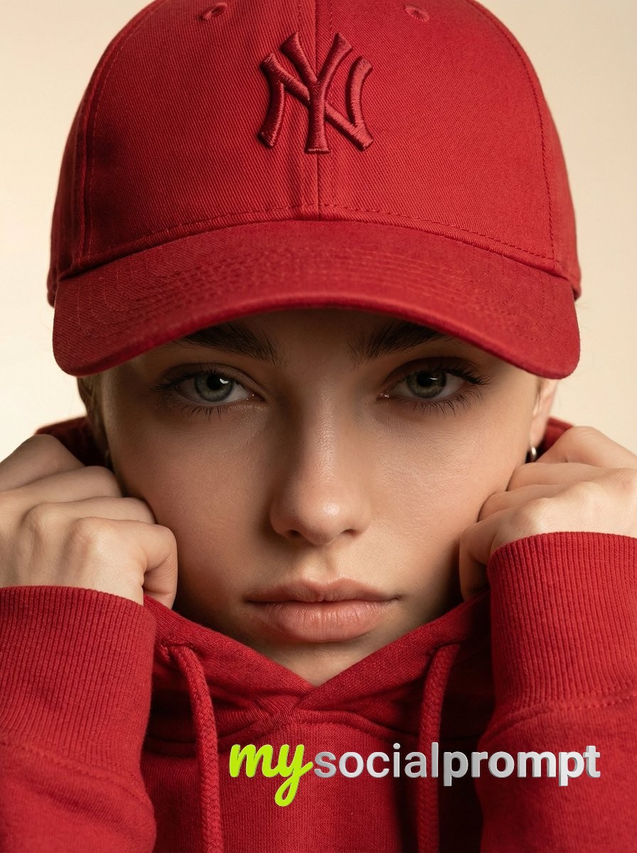 nanobanana prompt: Cinematic Fashion Detail Shot with Red Baseball Cap & Hoodie