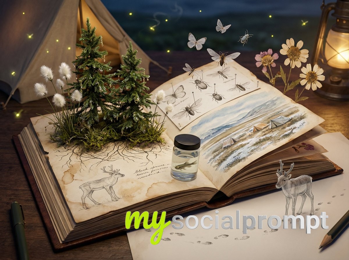 nanobanana prompt: Photorealistic 3D Scene of Living Botanical Journal with Hyper-realism 4