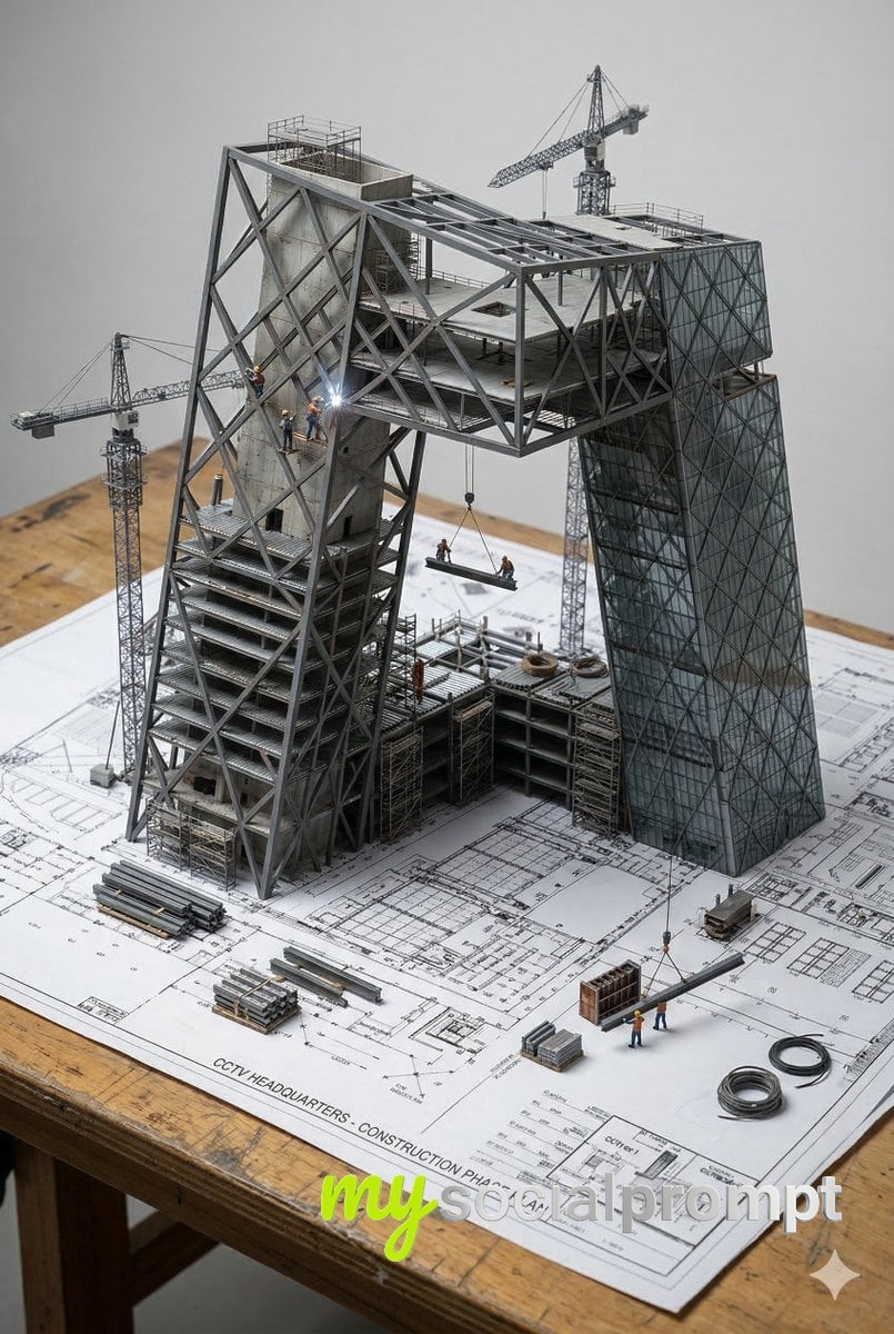 nanobanana prompt: Surreal Blueprint Diorama: Photorealistic Miniature Architecture Emerging from Paper