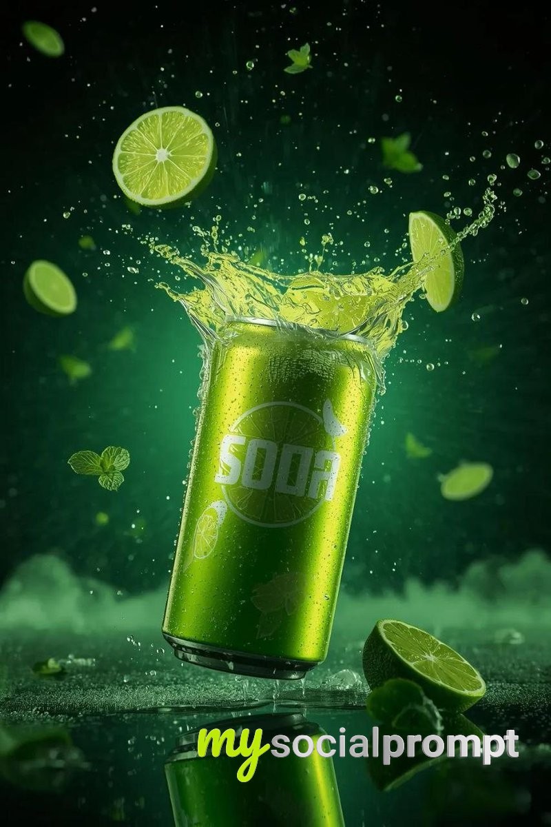nanobanana prompt: Hyper-Realistic Lime Soda Can in Cinematic Mid-Air Splash 2