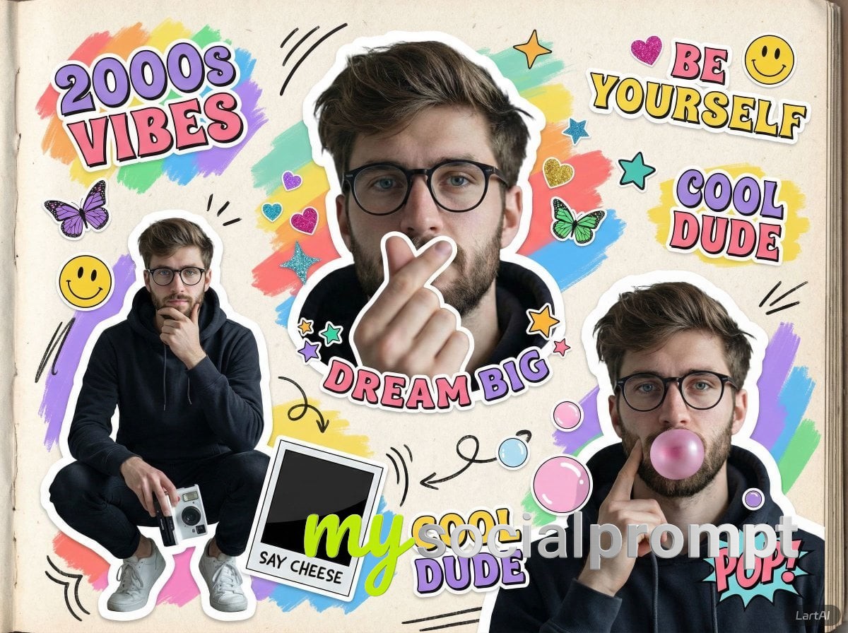 nanobanana prompt: 2000s Scrapbook Collage Portrait with Cutout Poses and Doodles