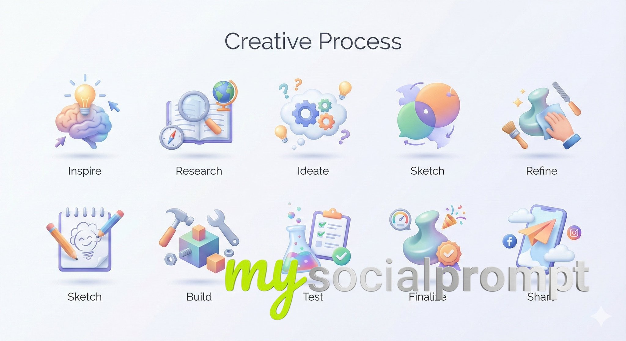 nanobanana prompt: Minimalist 3D Iconography for Process Visualization 2