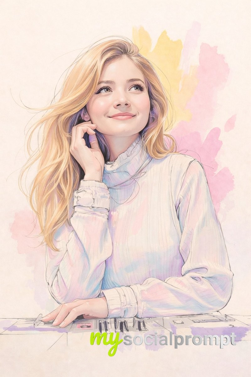 nanobanana prompt: Soft Pastel Watercolor Portrait of Dreamy Blonde Woman