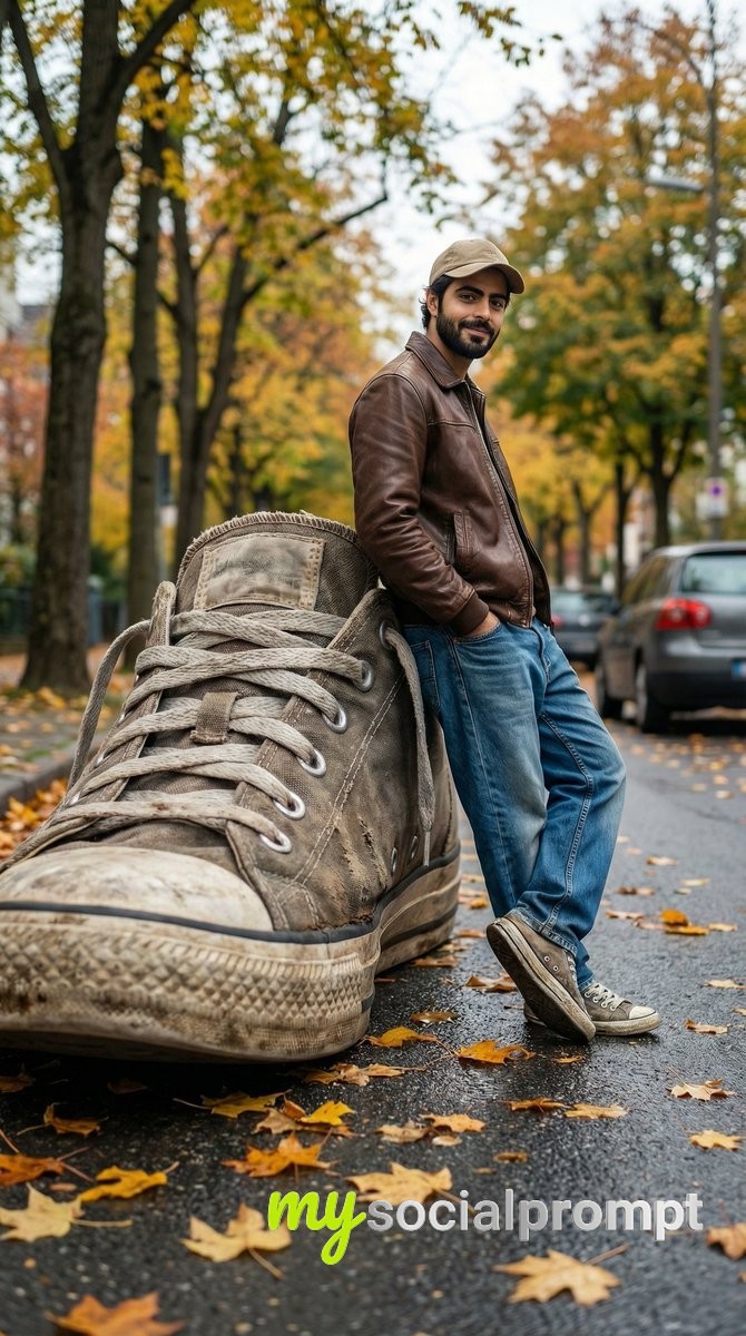 nanobanana prompt: Cinematic Forced-Perspective Street Photography with Giant Sneaker
