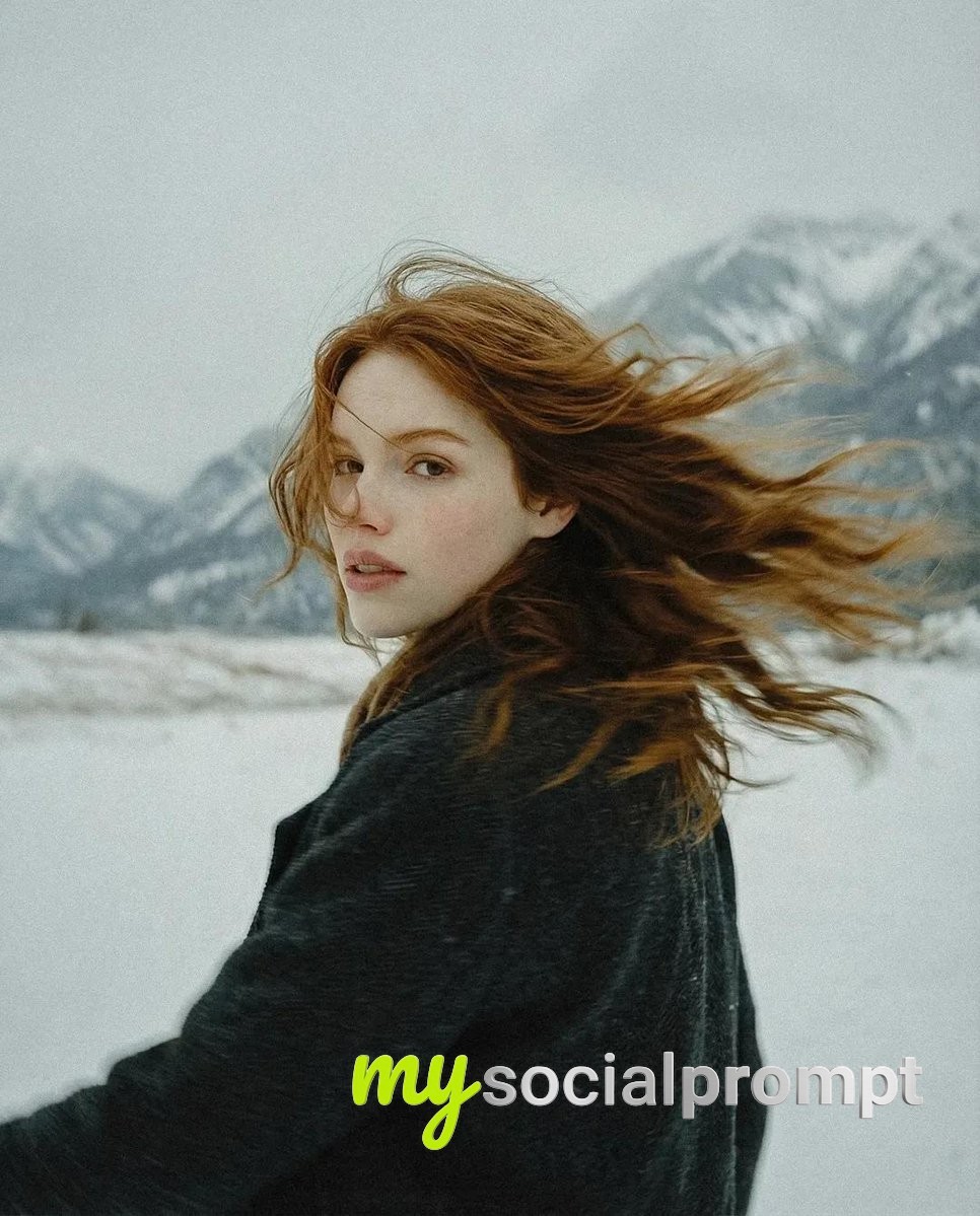 nanobanana prompt: Cinematic winter portrait, melancholic woman in snowy landscape, editorial photography