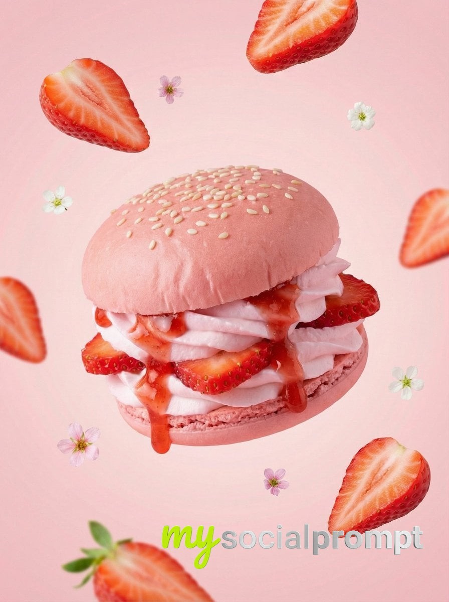 nanobanana prompt: Hyper-Realistic Strawberry Dessert Burger with Pastel Pink Studio Lighting