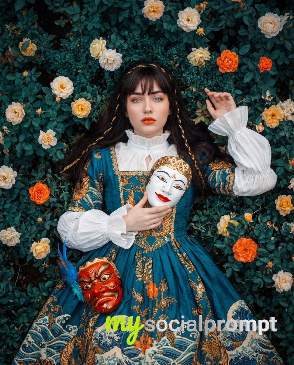 nanobanana prompt: Opulent Historical Gown with Indonesian Batik in Soft Diffused Lighting