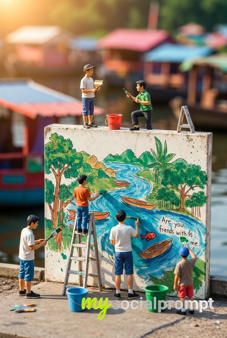 nanobanana prompt: Miniature Diorama with Youthful Figurines Painting Environmental Mural 2