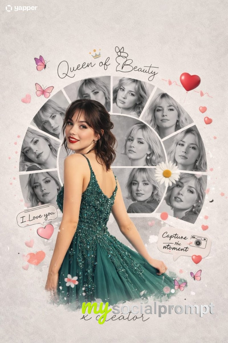 nanobanana prompt: Romantic Digital Collage with Peacock Green Dress and Vintage Portraits