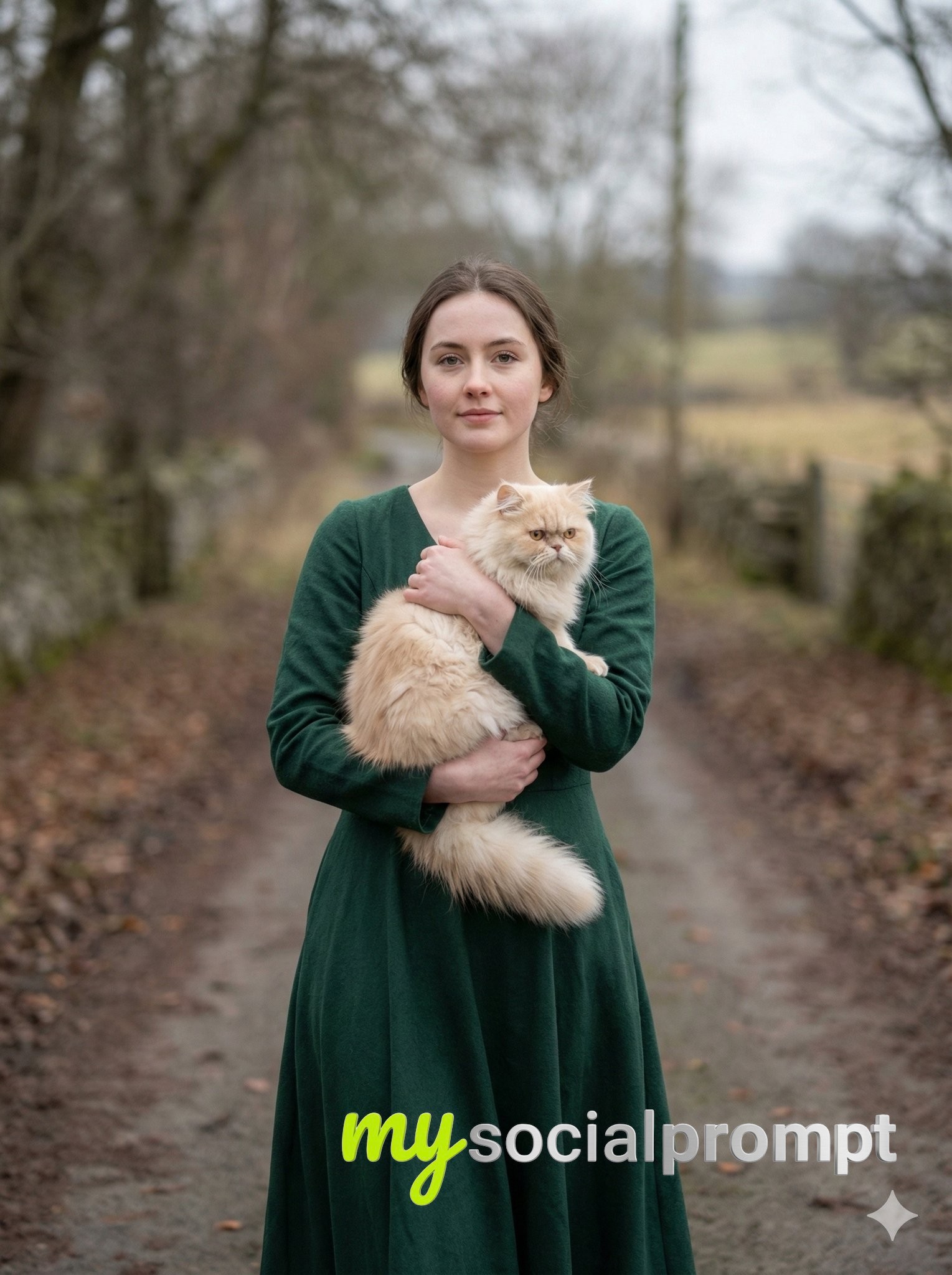 nanobanana prompt: Cinematic Portrait of a Young Woman with Persian Cat in Winter 2