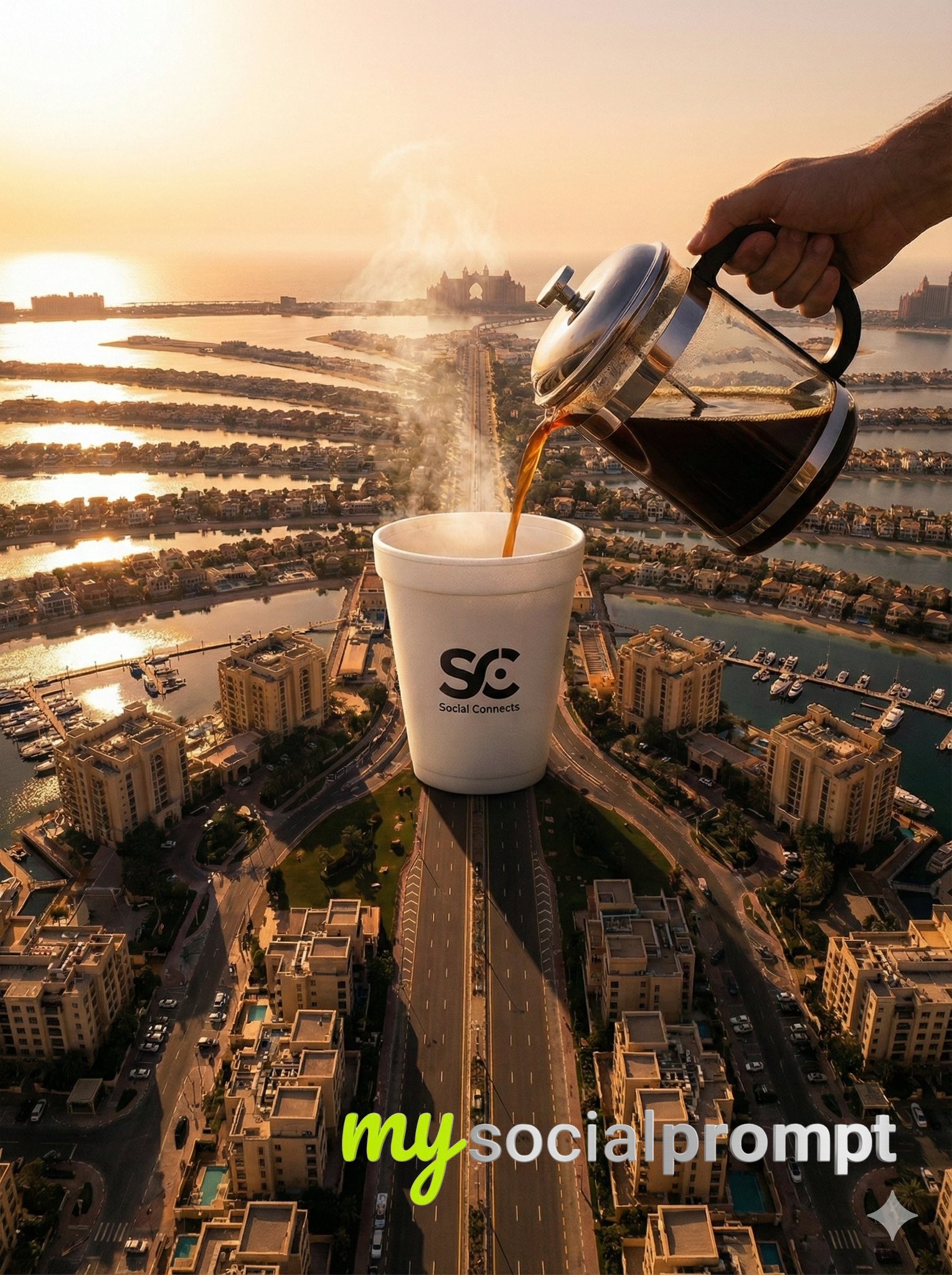 nanobanana prompt: Aerial Surrealism with Cinematic Sunset Lighting in Dubai