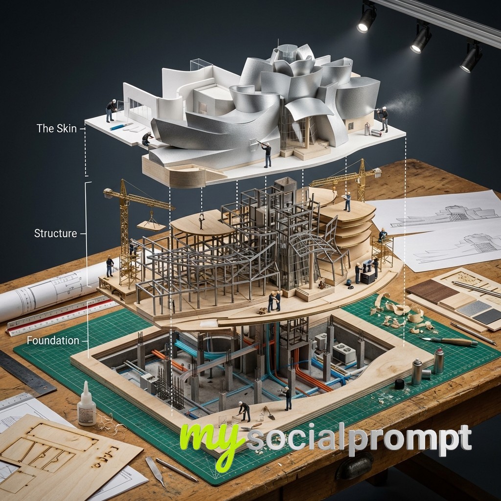 nanobanana prompt: Isometric Exploded View of Architectural Diorama with Recursive Scale