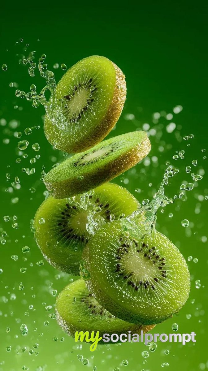 nanobanana prompt: Hyper-realistic Kiwi Splash with Macro Photography & Cinematic Lighting