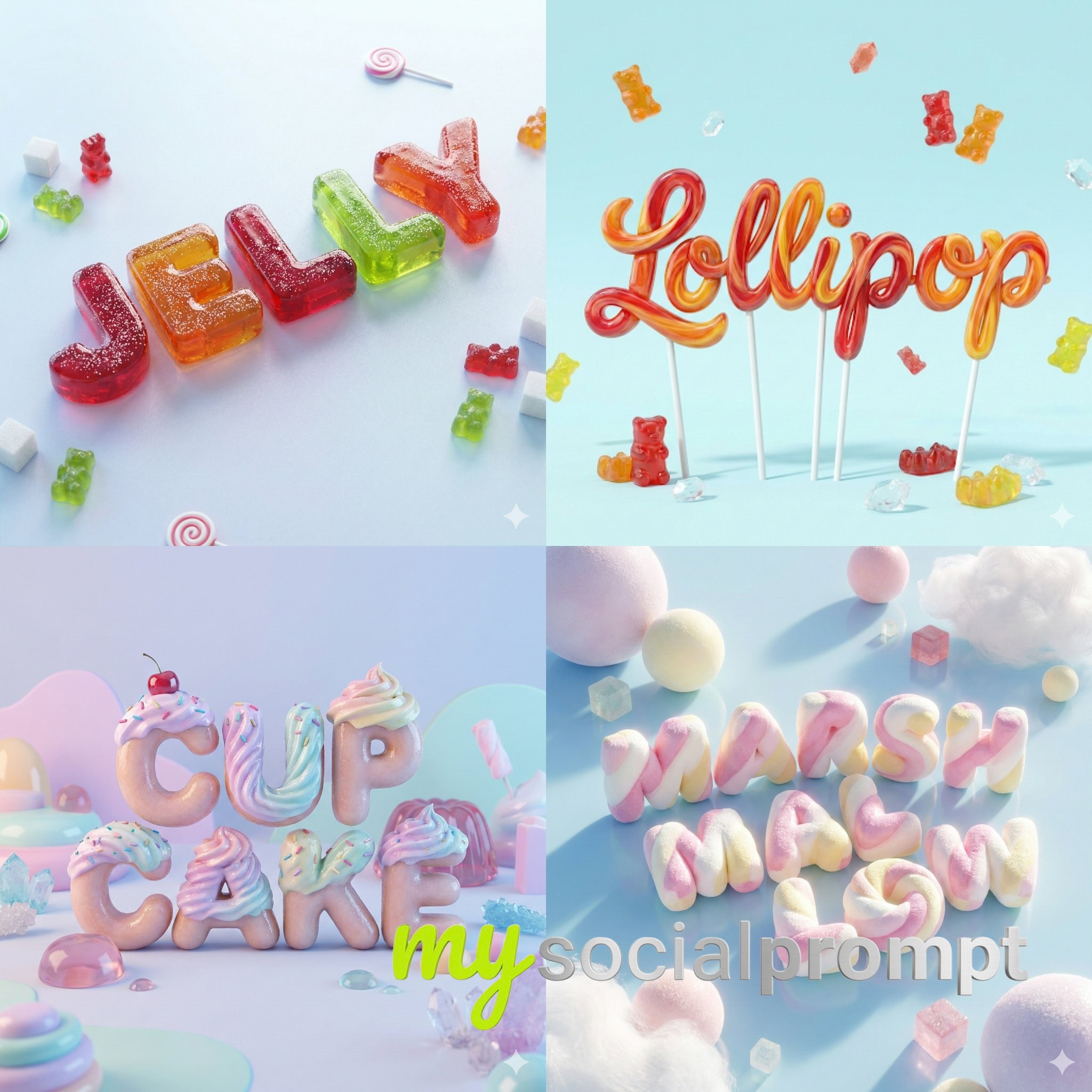 nanobanana prompt: Hyper-real 3D Candy Typography with Cinematic Ray Tracing