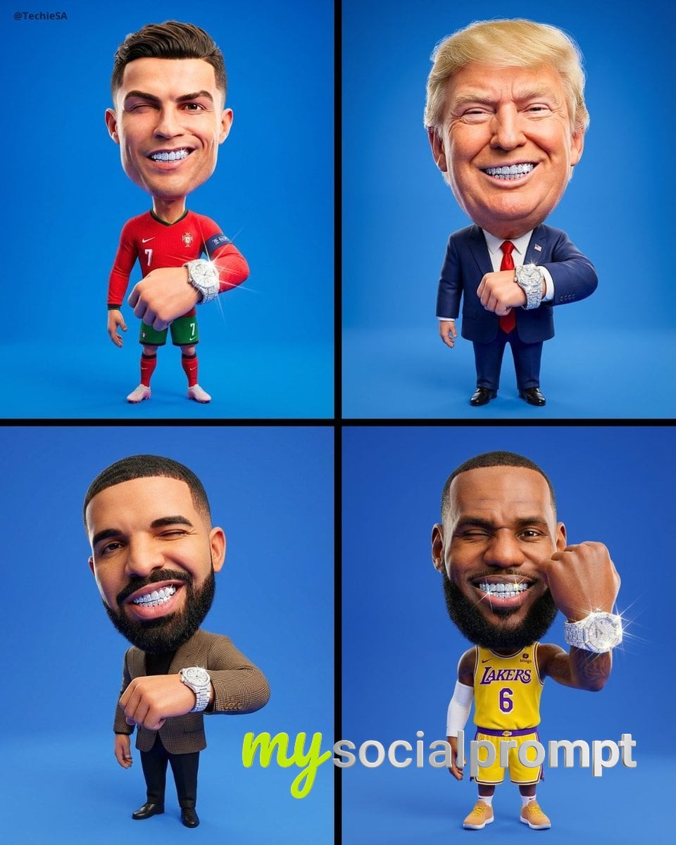 nanobanana prompt: Ultra-Detailed 3D Caricature with Diamond Grillz and 8K Studio Lighting