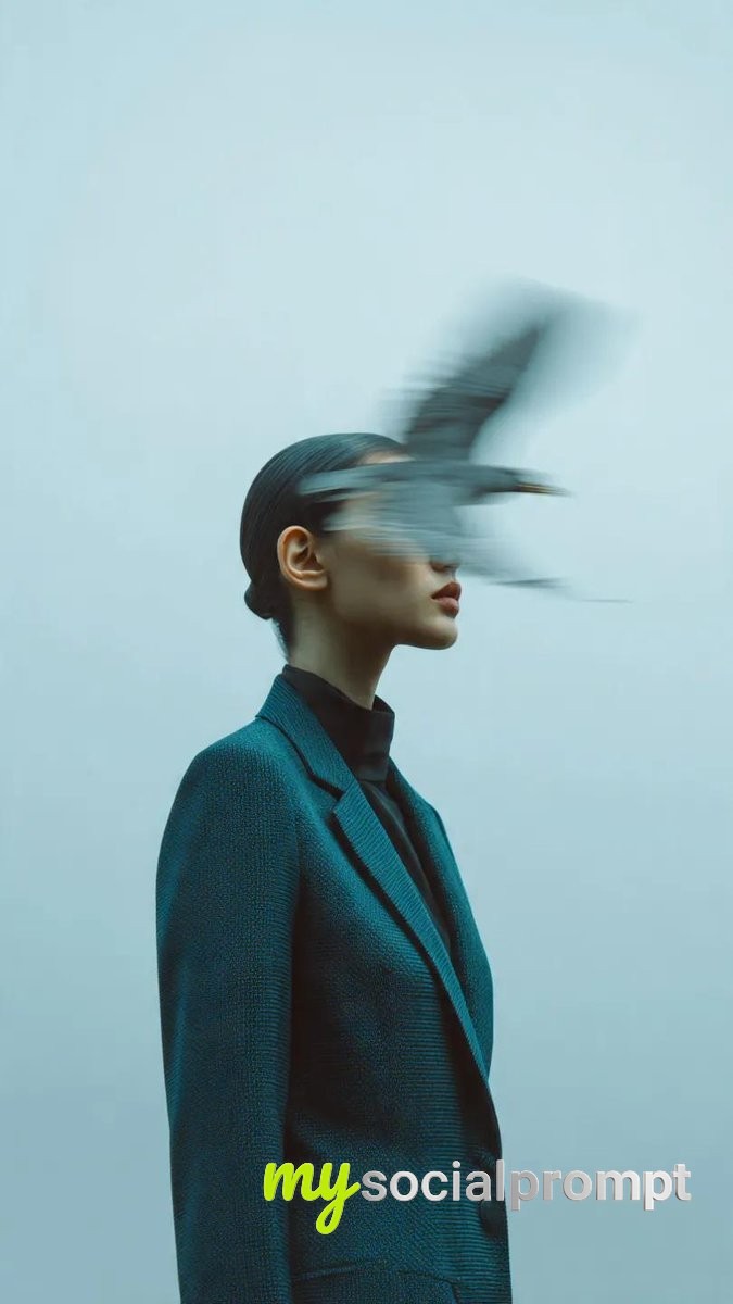 nanobanana prompt: Avant-Garde Editorial: Surreal Blurred Portrait with Bird Motion and Minimalist Composition 3