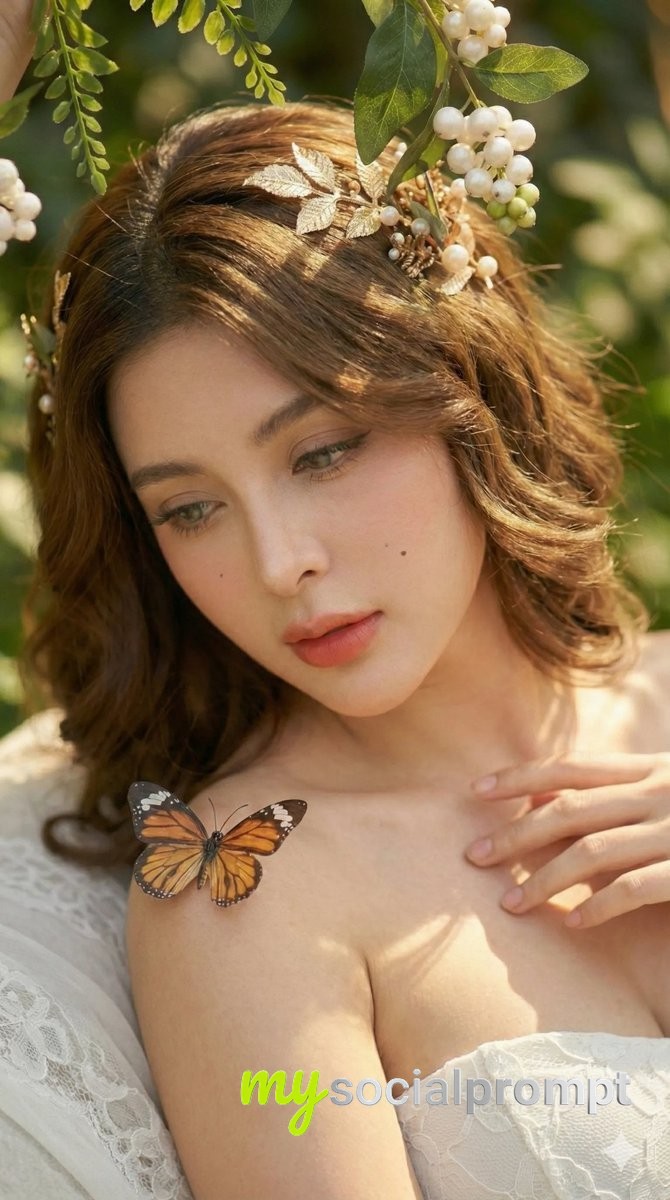 nanobanana prompt: Ethereal Portrait with Butterfly in Natural Golden Light 3