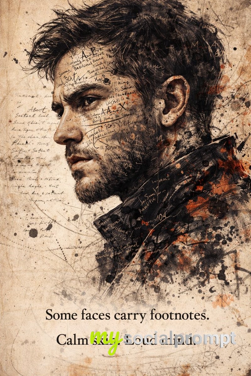 nanobanana prompt: Expressive Ink Sketch Portrait with Cryptic Text & Mixed Media