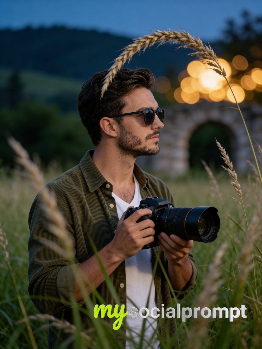 nanobanana prompt: Cinematic Portrait of Photographer in Meadow at Twilight with Bokeh Background - AI Prompt Artwork