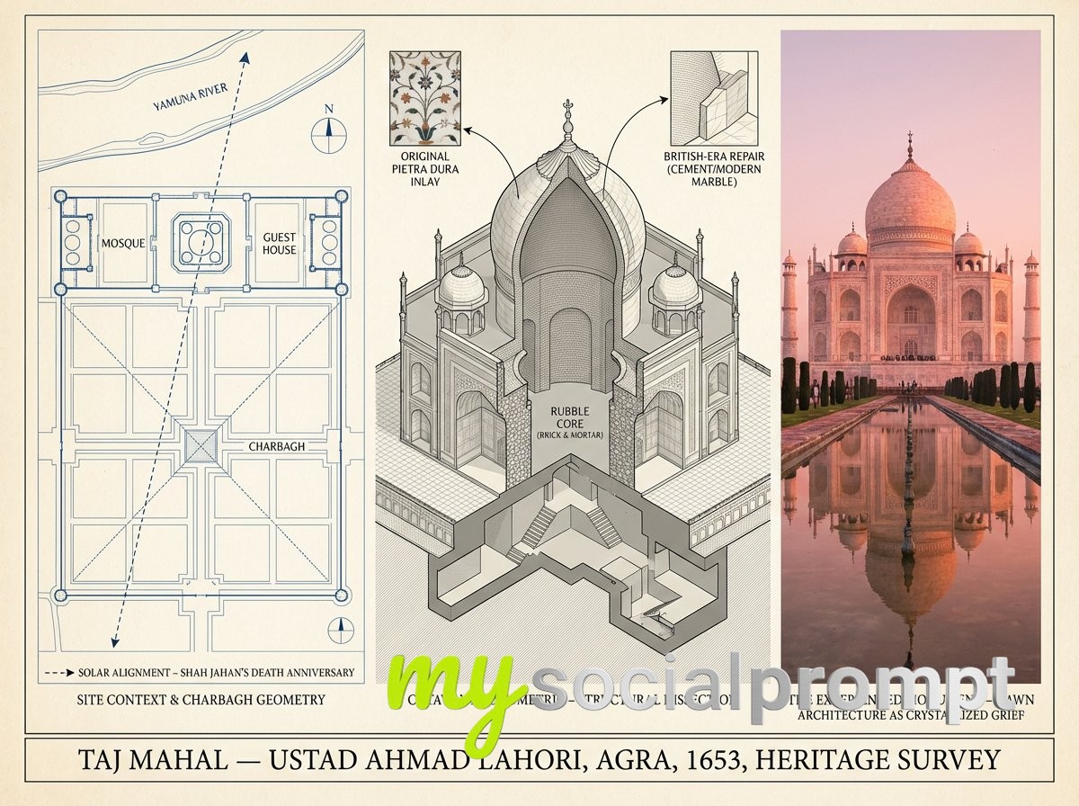 nanobanana prompt: Architectural Survey Board with Technical Axonometric and Golden-Hour Photography 3