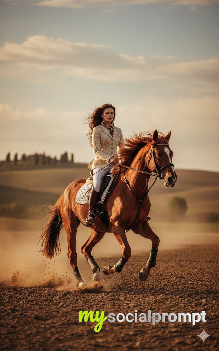 nanobanana prompt: Golden Hour Equestrian Editorial: Cinematic Photorealism - AI Prompt Image 2