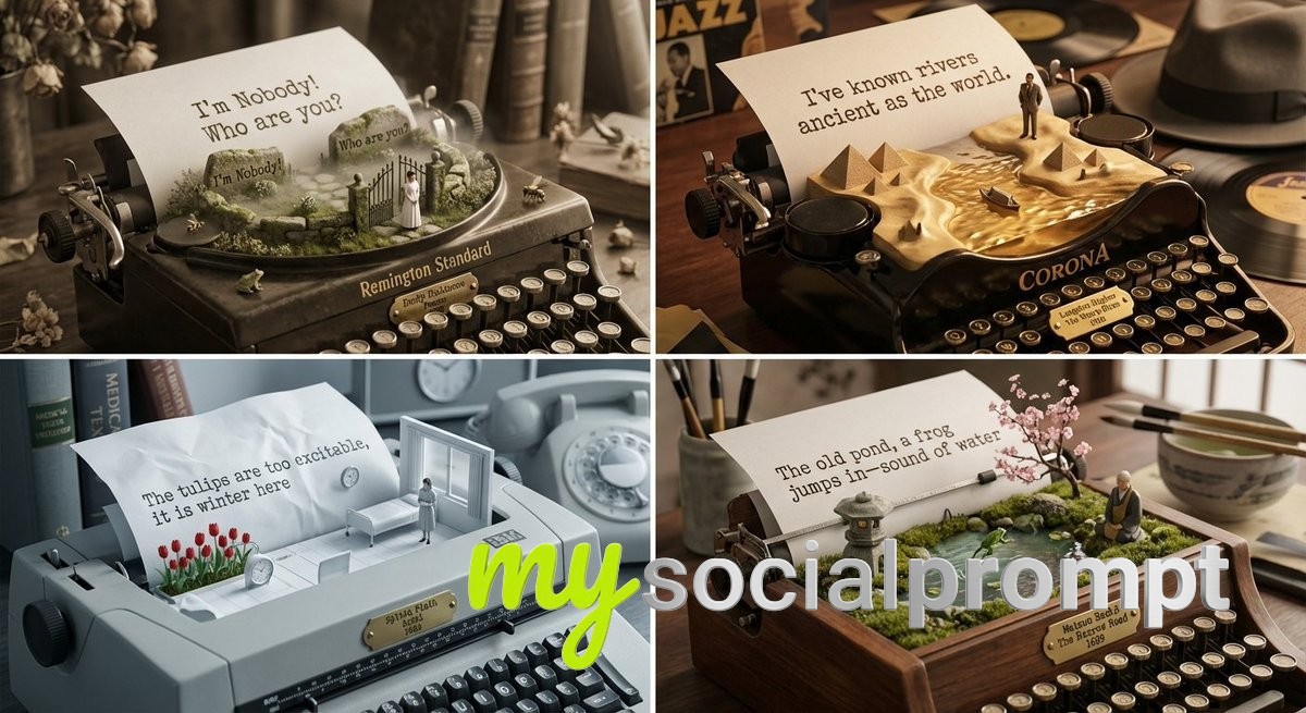 nanobanana prompt: Typewriter Landscapes: 3D Poetry Sculptures in Macro Grid