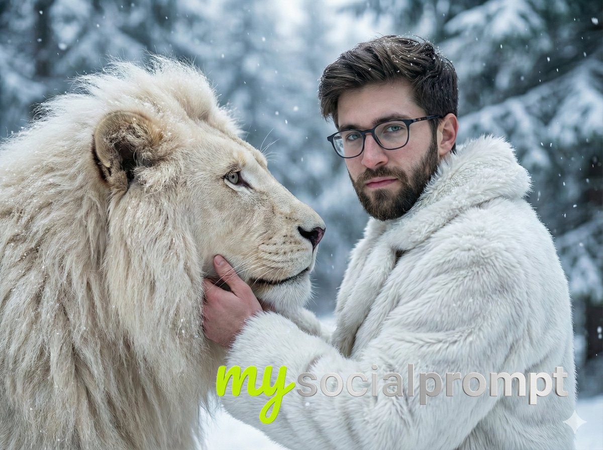 nanobanana prompt: Cinematic Portrait of Man and White Lion in Snowy Forest