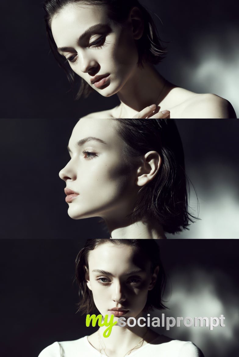 nanobanana prompt: Minimalist Monochrome Fashion Triptych with Cinematic Rembrandt Lighting