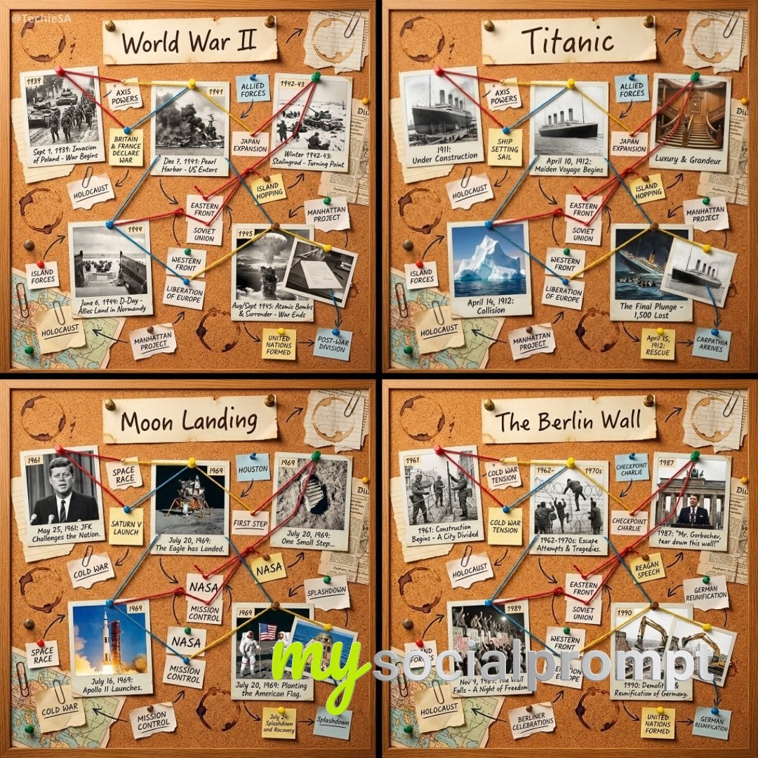 nanobanana prompt: Vintage Detective Storyboard: Polaroid Chronology on Textured Cork-Board
