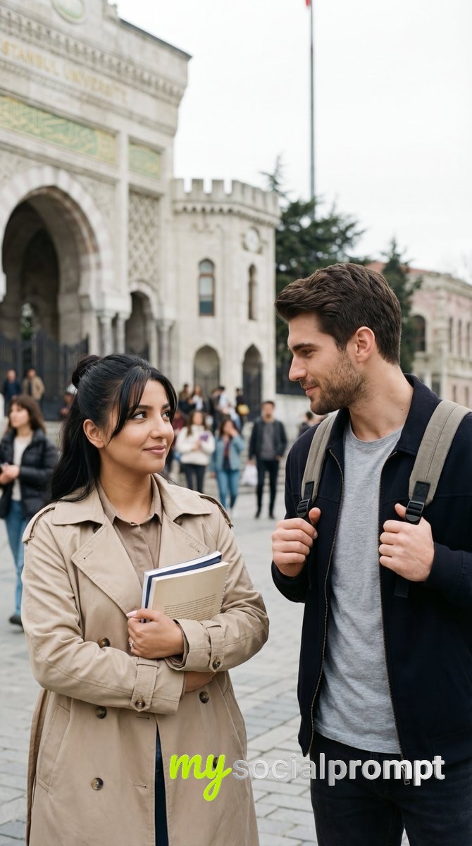 nanobanana prompt: Candid Street Romance at Istanbul University – Photoreal Love Story