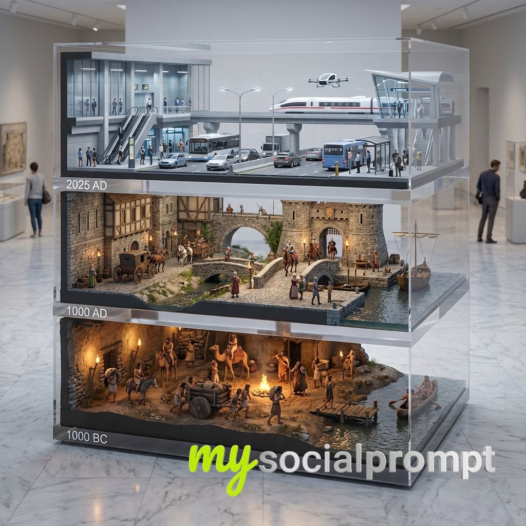 nanobanana prompt: Hyper-realistic 3D Transportation Evolution with Cinematic Lighting