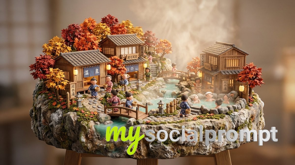 nanobanana prompt: 3D Miniature Japanese Onsen Village Diorama with Autumn Maple Trees