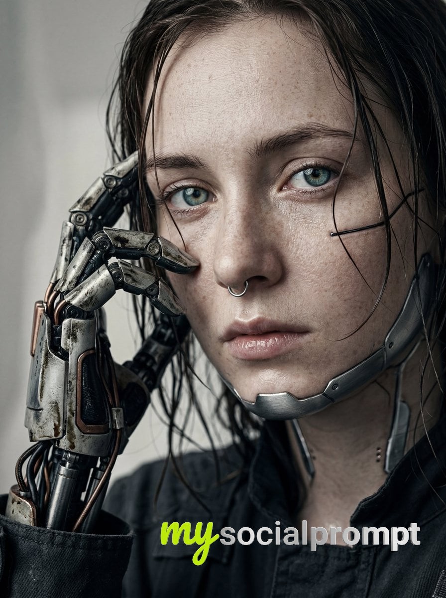nanobanana prompt: Cybernetic Portrait with Prosthetic Hand, Cinematic Lighting 2