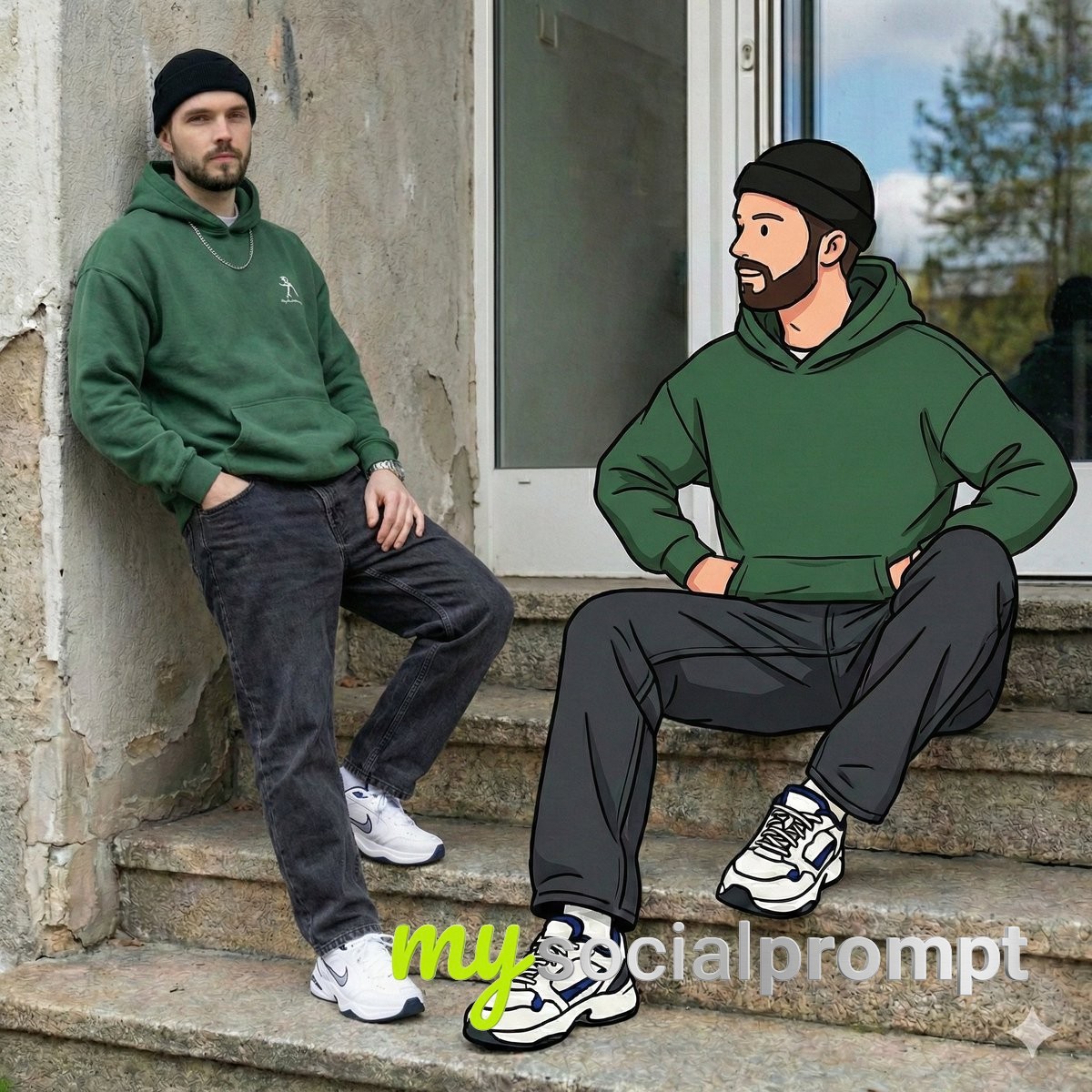 nanobanana prompt: Mixed Reality Street Portrait with Graphic Illustration Blend