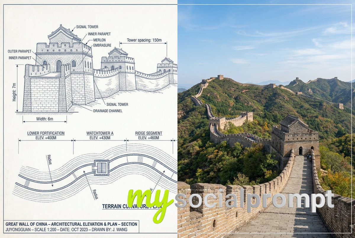 nanobanana prompt: Architectural Comparison of Great Wall via Technical Sketch and Photography