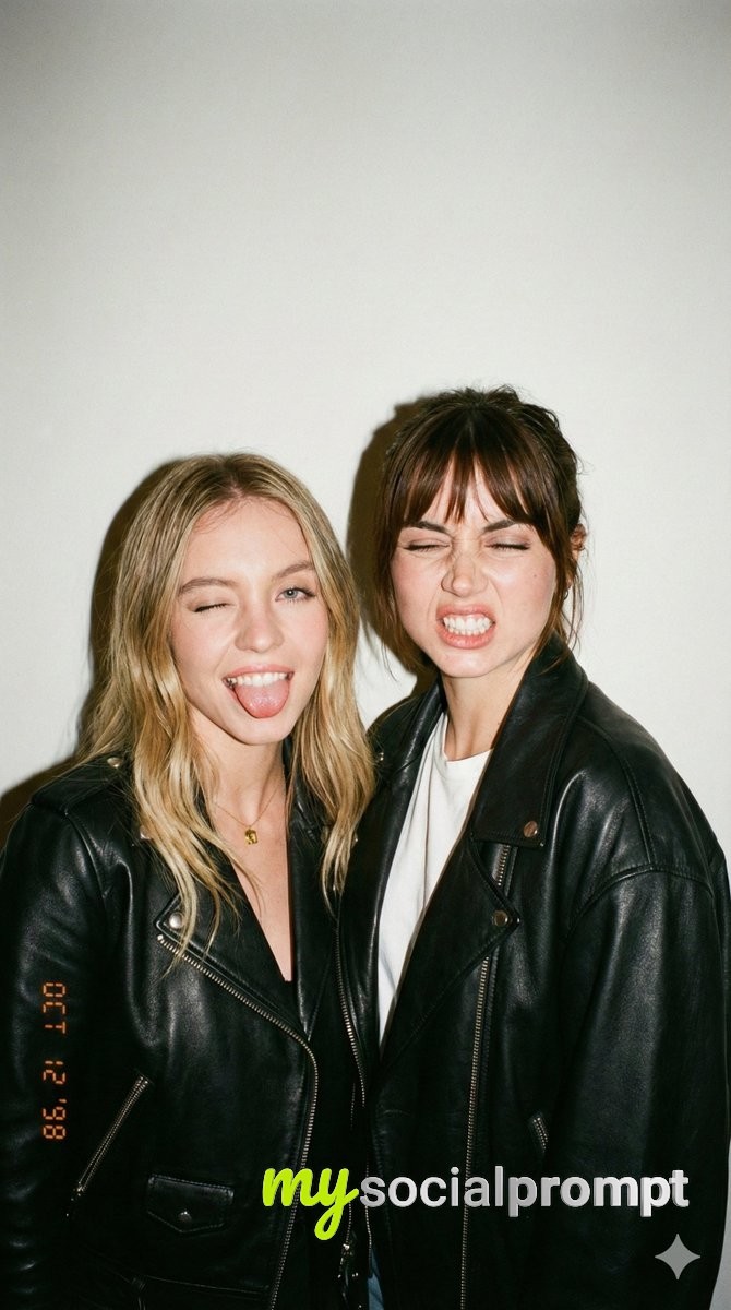 nanobanana prompt: Y2K Disposable Flash Portrait of Two Women in Leather Jackets