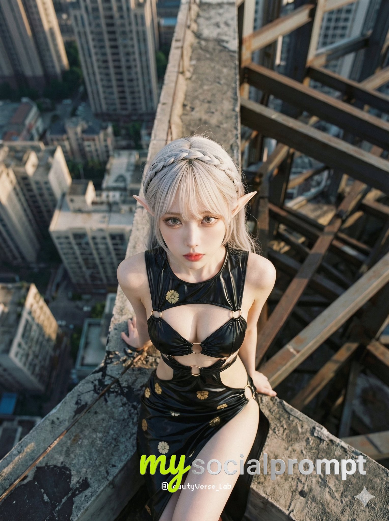 nanobanana prompt: Cinematic Top-Down Portrait with Urban Vertigo & Kodak Aesthetic