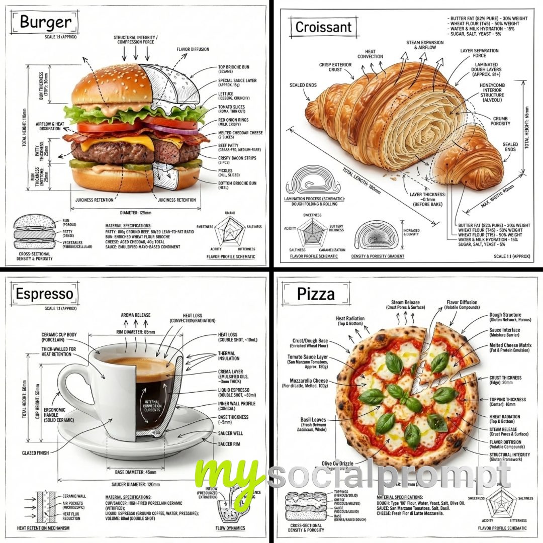nanobanana prompt: Technical Infographic of Food with Architectural Annotations