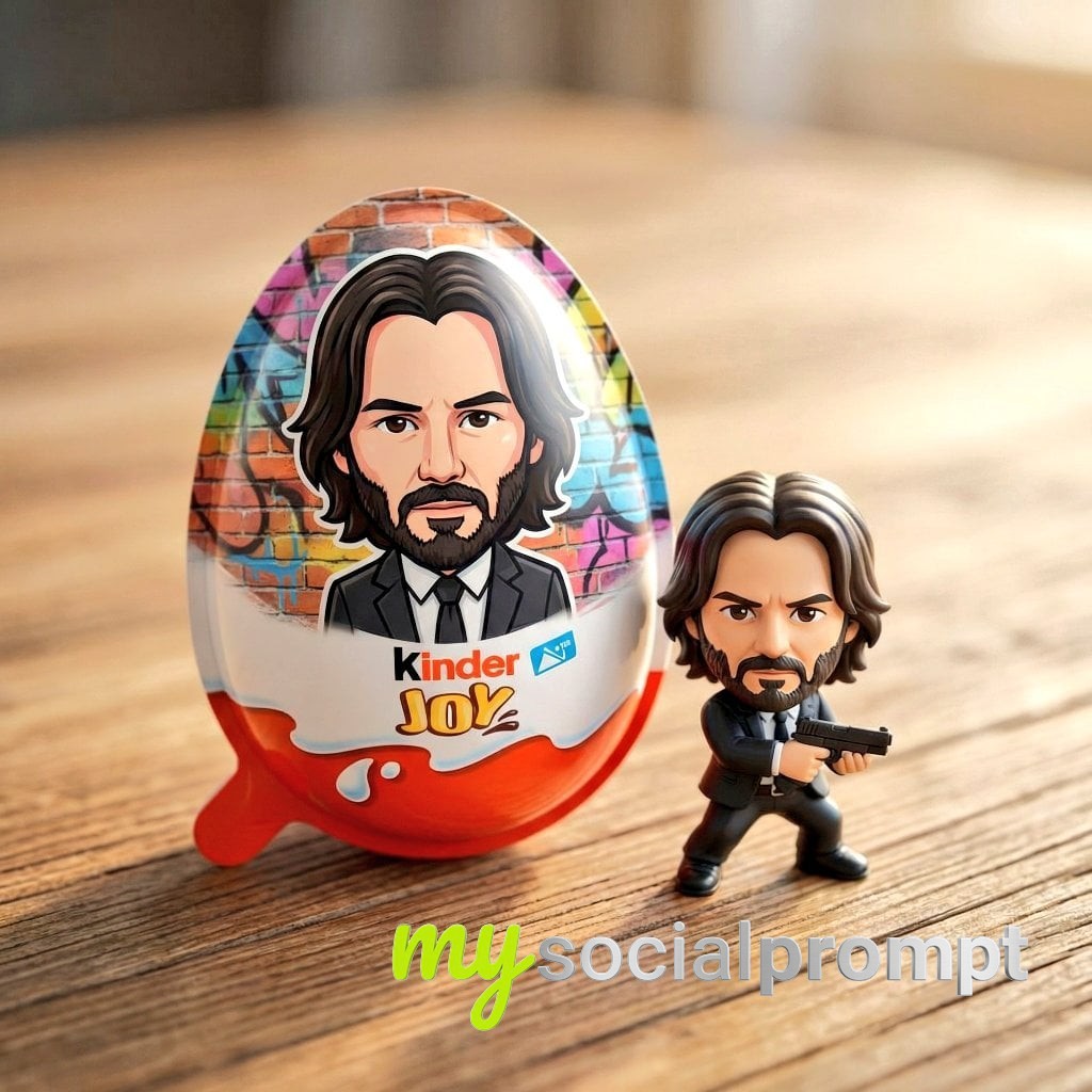 nanobanana prompt: Hyper-Realistic Product Photo of Kinder Joy Egg & Chibi Figurine on Wooden Table 4