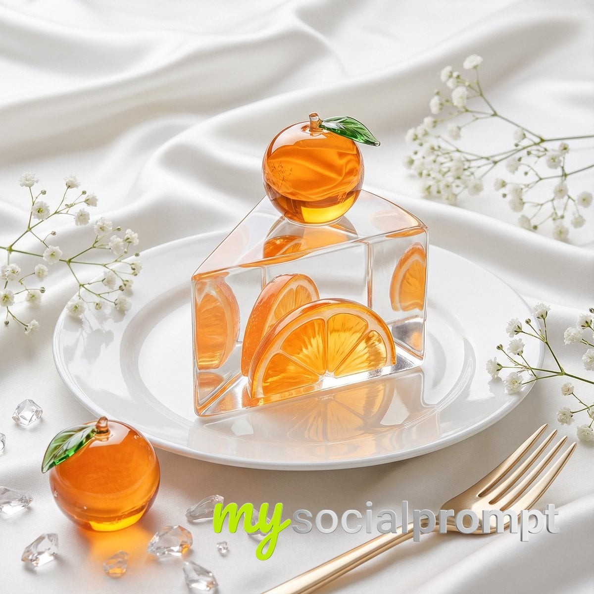nanobanana prompt: Crystal-Clear Glass Cake Still Life with Orange in Luxury Editorial Style 3