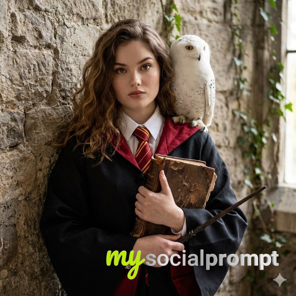 nanobanana prompt: Cinematic Gryffindor Portrait with Owl and Wand in Decayed Stone Interior - AI Prompt Artwork
