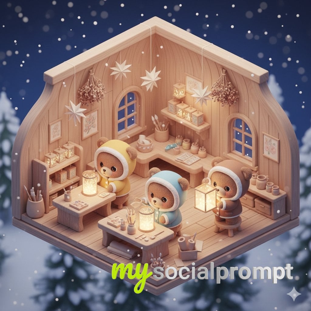 nanobanana prompt: Isometric Kawaii Bear Explorers Designing a Snow Map 3