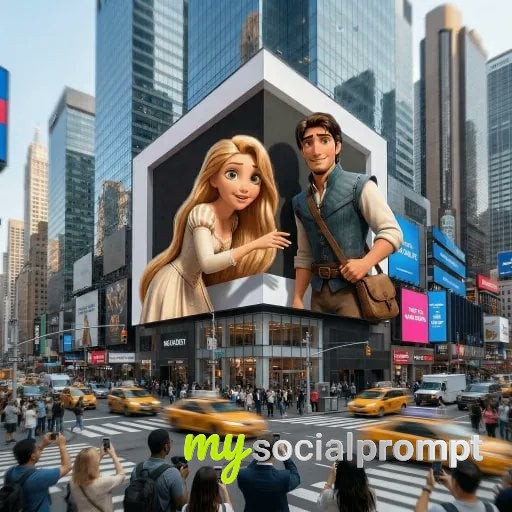 nanobanana prompt: Cinematic Naked-Eye 3D LED Billboard with Disney Characters in Times Square