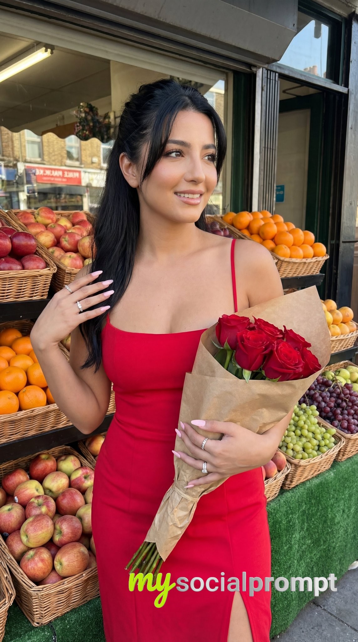 nanobanana prompt: Fashion Editorial Portrait with Face Swap in European Fruit Market