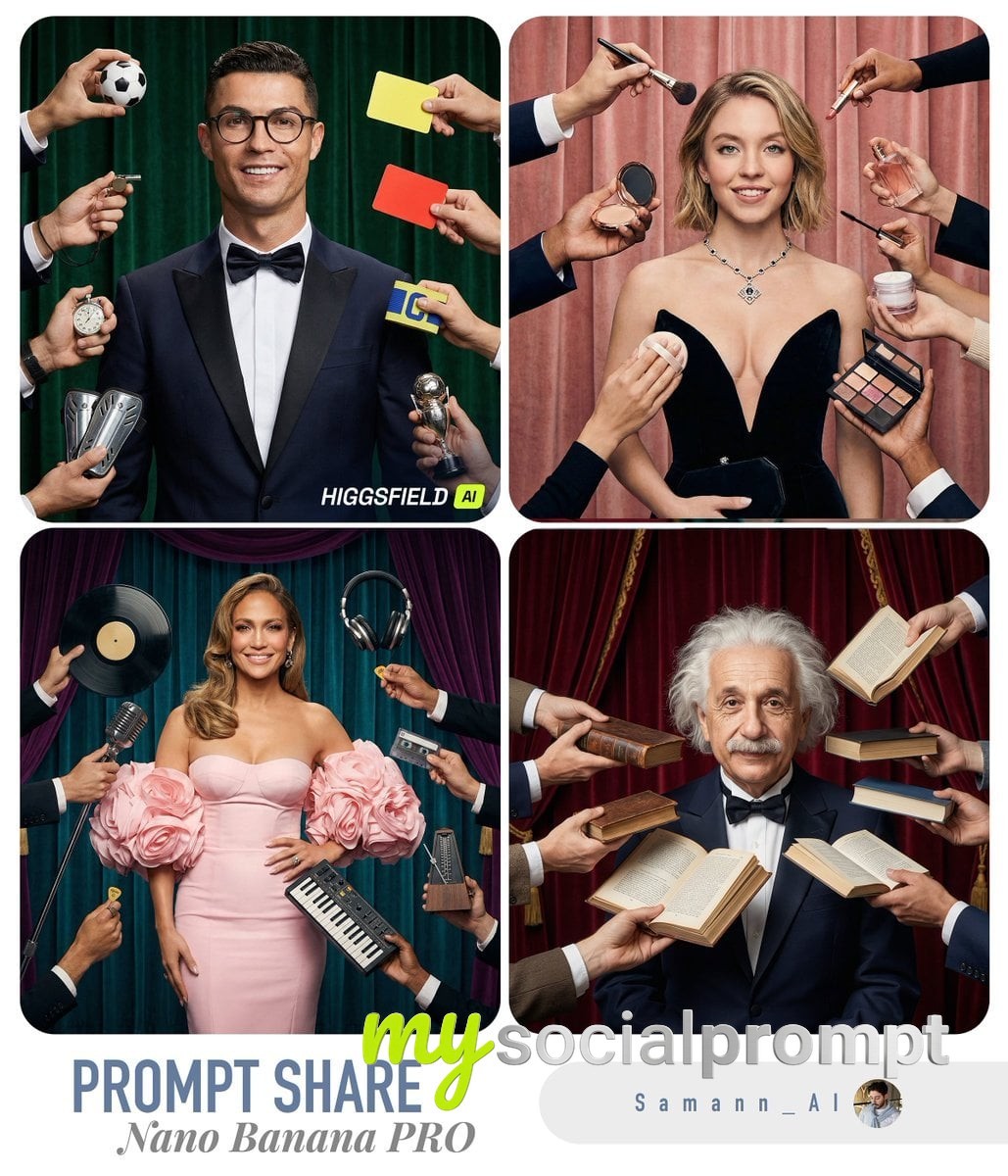 nanobanana prompt: Hyper-Real Editorial Portrait with Themed Objects | Curtain Backdrop