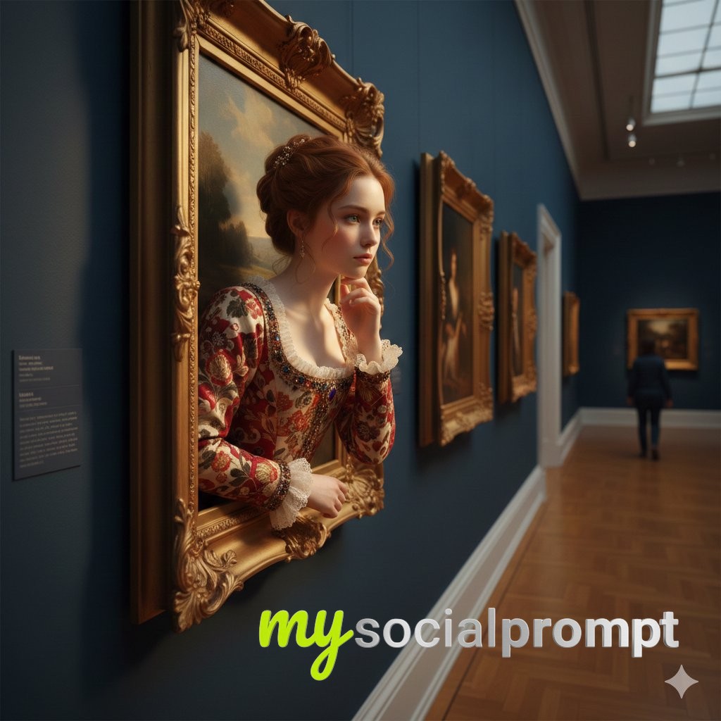 nanobanana prompt: Cinematic Renaissance Portrait in Gallery with Golden Frame
