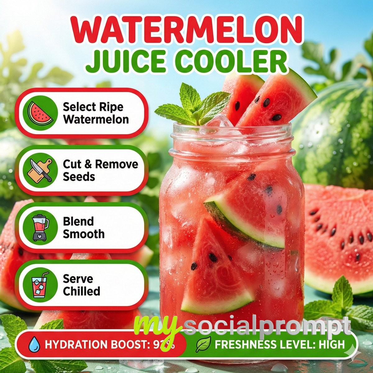 nanobanana prompt: Vibrant Summer Infographic with Watermelon Juice & Icy Textures