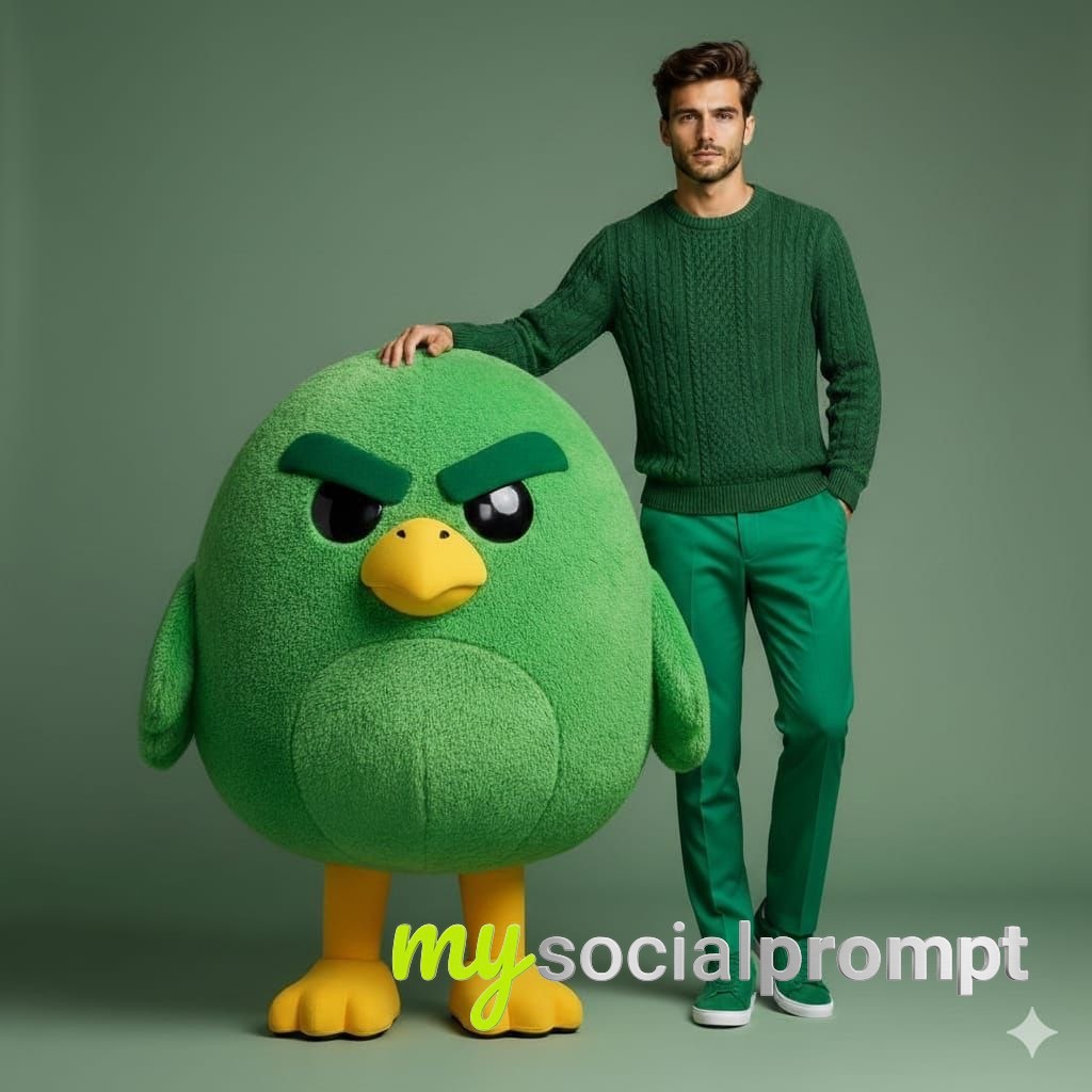nanobanana prompt: Fashion Portrait with Plush Mascot in Minimalist Studio